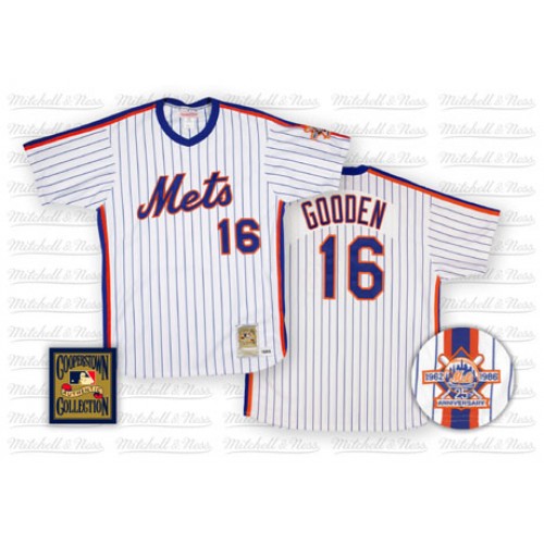 Men's New York Mets #16 Dwight Gooden Authentic White/Blue Strip Throwback Baseball Jersey