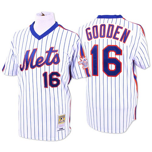 Men's New York Mets #16 Dwight Gooden Replica White/Blue Strip